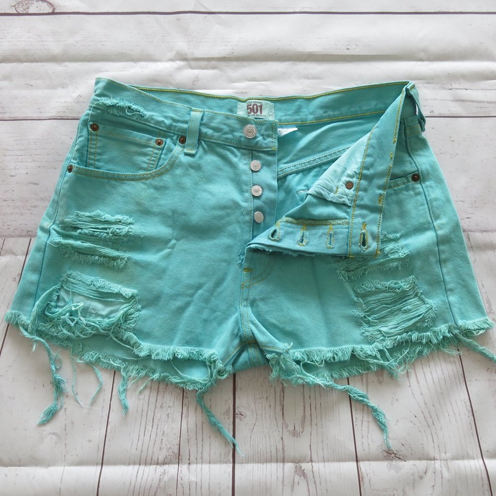Levi's 501 Button Fly Distressed 100% Cotton Green Denim Jean Short - Size 33